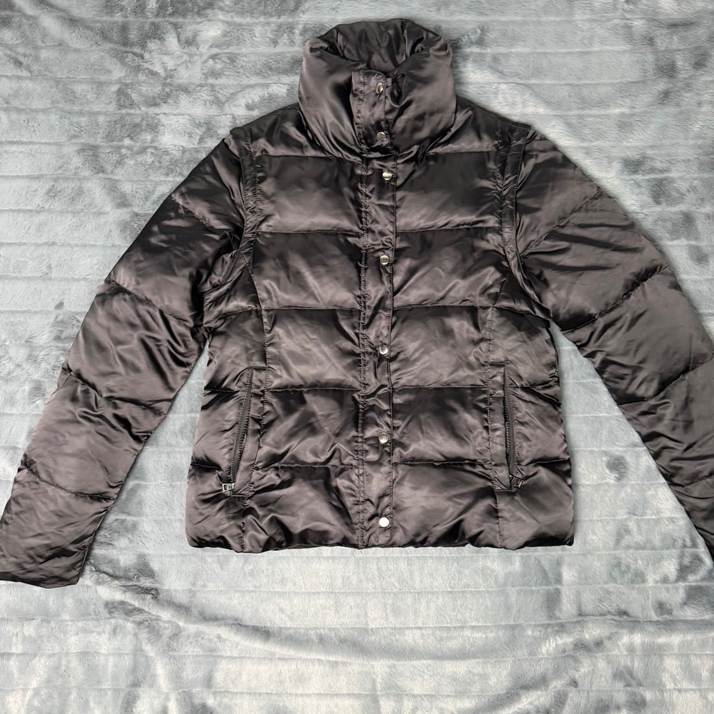 Express Womens Black Puffer Jacket Down Feather Insulated Satin Funnel Neck M